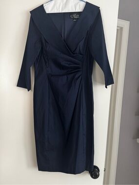 Alex Evenings Navy Wrap-Style Long Sleeve Sheath Dress